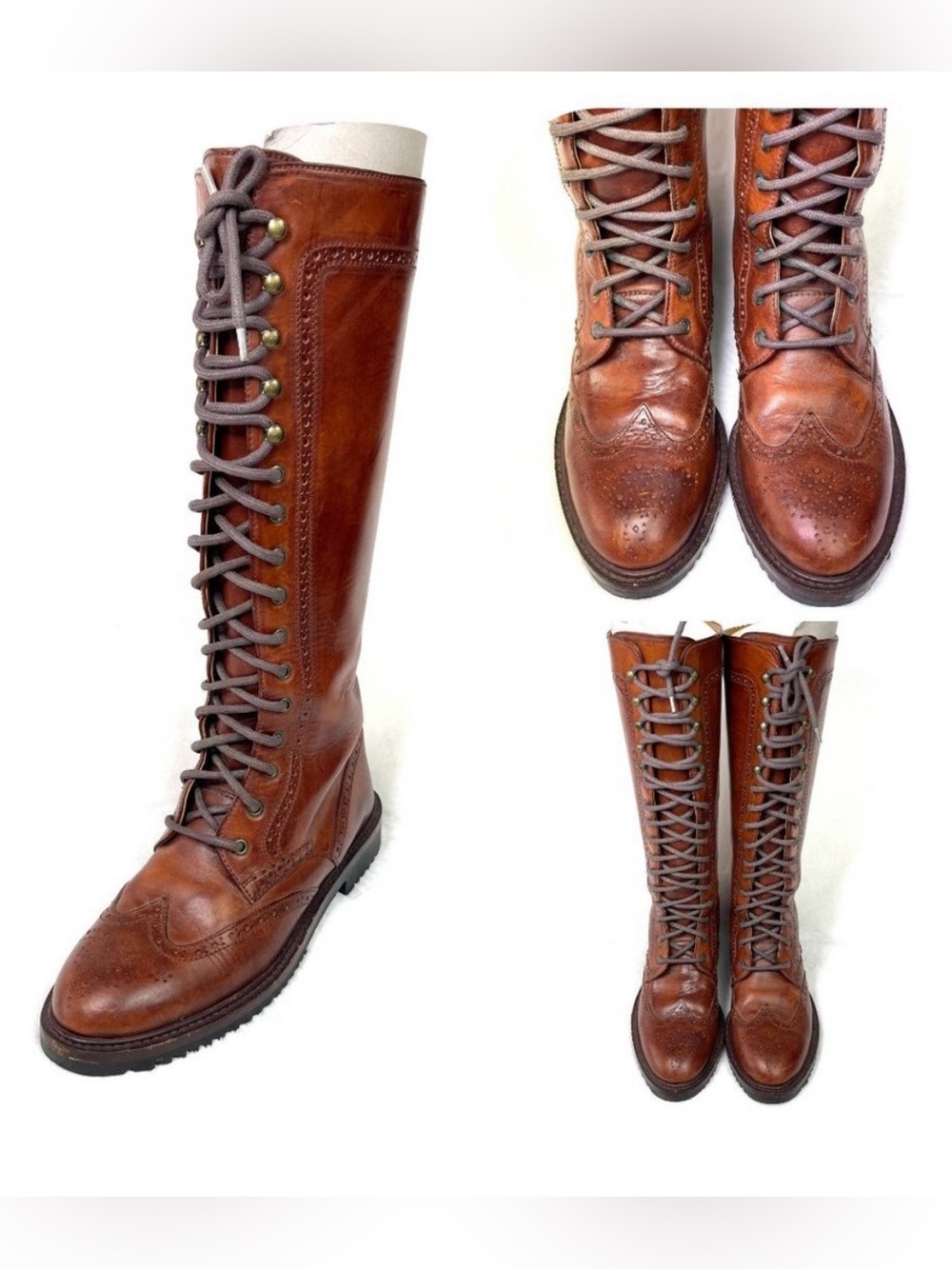 Cole Haan Women's Tall Lace-Up Combat Boots - Brown Leather